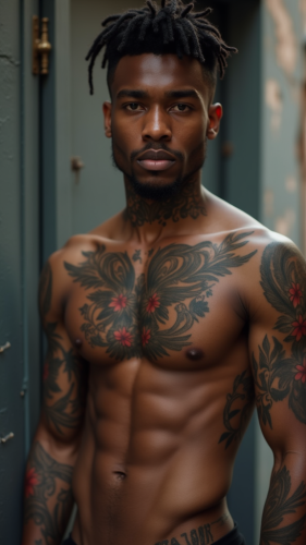 Shirtless Tattooed Man with Urban Hairstyle
