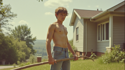 Shirtless Teen Doing Yard Work in 1980s Suburb