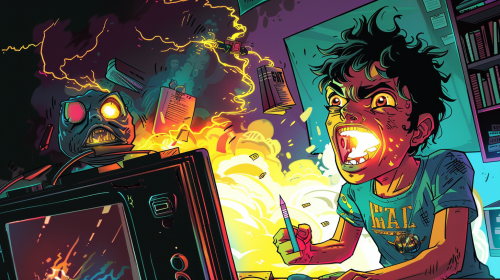 Shocked Indian boy plays video games, SAT monster emerges.