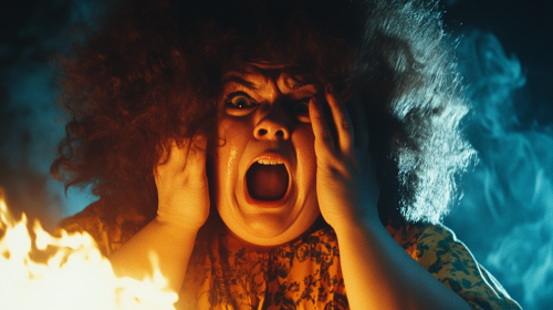 Shocked overweight mom in ugly clothes watching fire