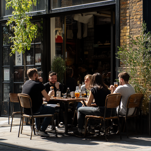 Shoreditch Summer Cafe Scene: People Chatting, Drinking Coffee Shoreditch Summer Cafe Scene: People Chatting, Drinking Coffee