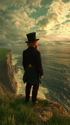 Short leprechaun on Irish cliff sees sea.