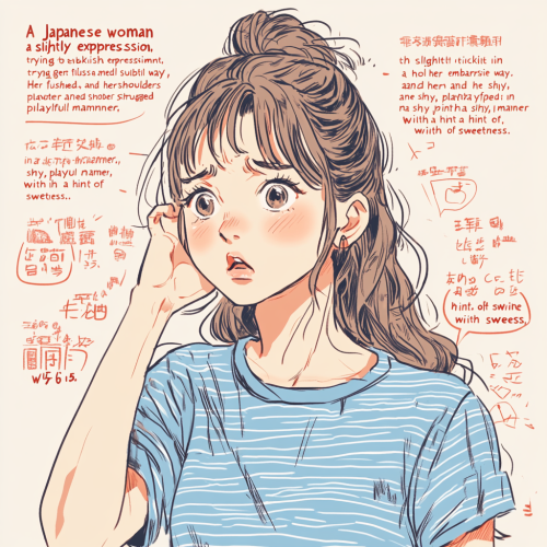 Shy Japanese woman blushing with playful expression.