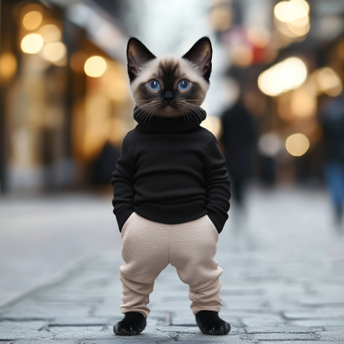 Siamese kitten in chic outfit on city street.