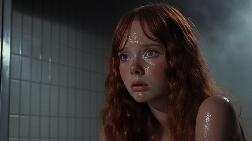 Silent and mysterious Carrie sitting in dark foggy room.