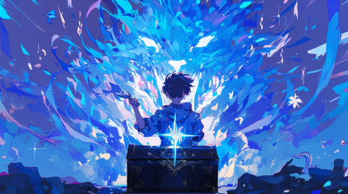 Silhouette man opening treasure chest with vibrant anime colors.