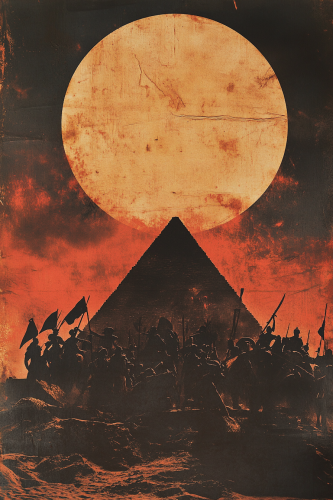 Silhouette of Egypt army building pyramids in surreal sky