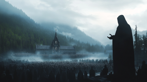 Silhouette of bishop speaks to crowd in foggy town