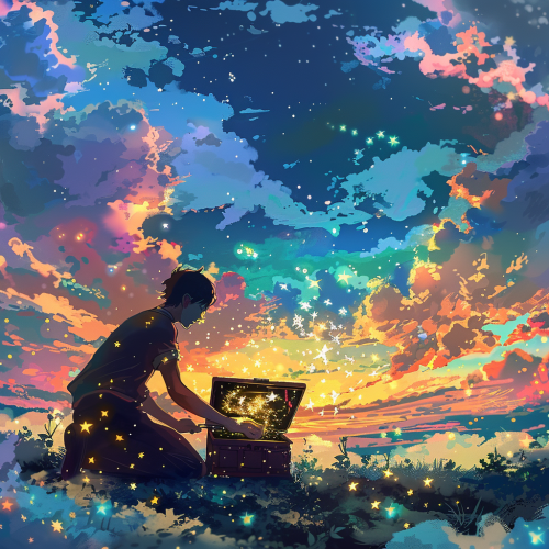 Silhouette of man opening treasure chest with magical glow.