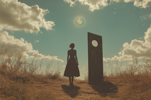 Silhouette of woman at doorway between new worlds