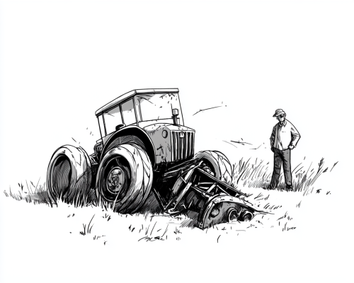 Simple Black and White Child's Drawing of Overturned Tractor