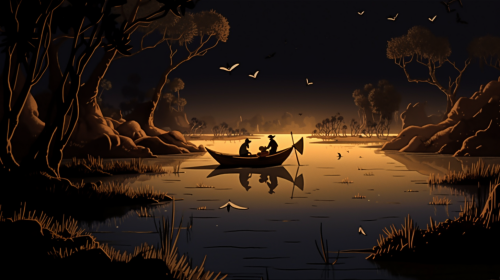 Sindbad flees on a raft in stormy sea