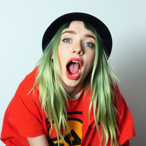 Singer Billie Eilish with colorful background concert.