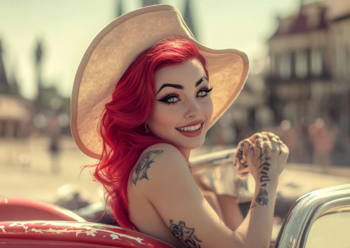Sinister goth cowgirl with red hair and hourglass shape.