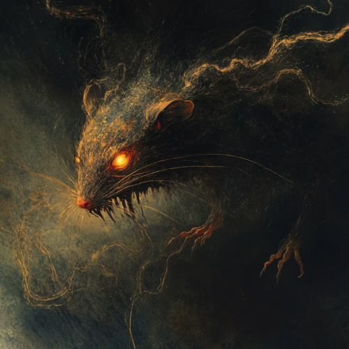 Sinister red-eyed rat dog with yellow fangs. Illustration