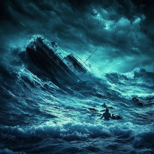Sinking Boat in Stormy Ocean, Survivor Struggling