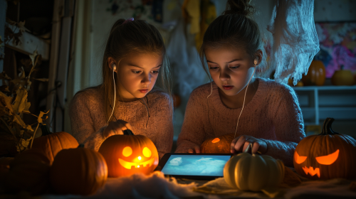 Sisters Listen to Spooky Podcast in Halloween DecorCodeAtoms