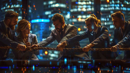Six men and a woman playing tug-of-war in office