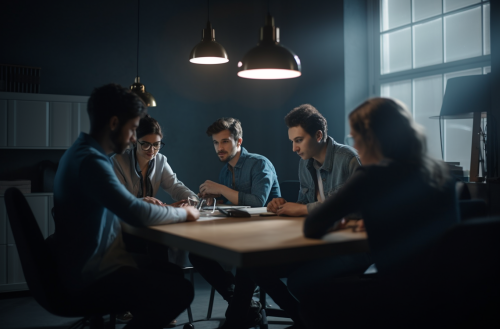Six office workers laughing together at laptop