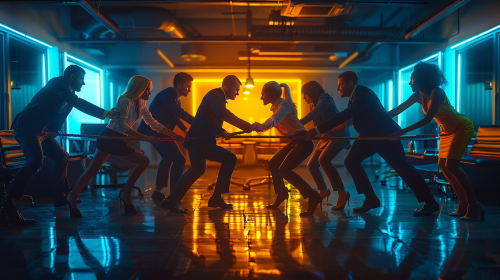 Six professionals tug-of-war game in office setting