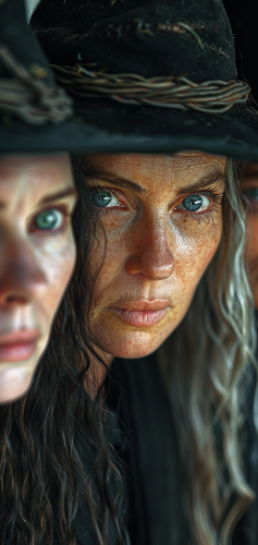 Six spooky witches stare eerily at the camera