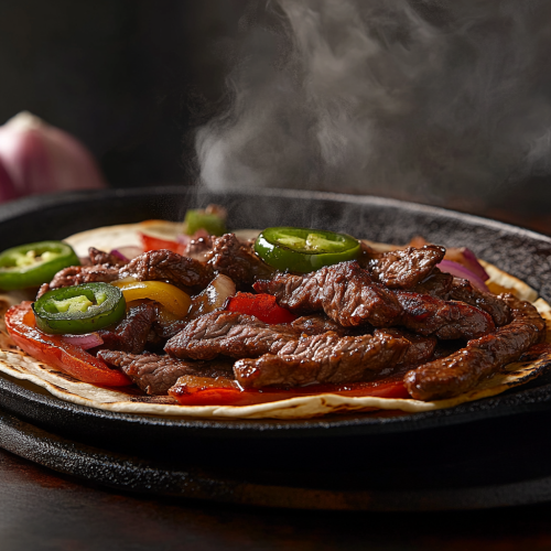 Sizzling Beef Fajitas on Hot Griddle Pan