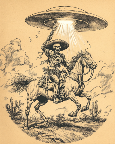 Skeleton gunslinger on horse abducted by UFO in sketch.