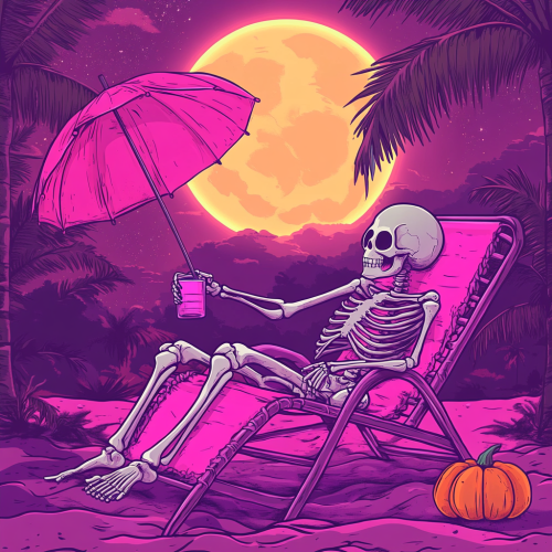 Skeleton relaxing in beach chair with drink under moon. Skeleton relaxing in beach chair with drink under moon.