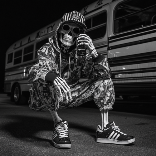 Skeleton squatting holding alcohol bottle near old bus -v 6.1