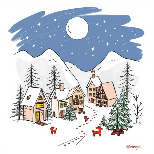 Sketch of Christmas village with small houses.
