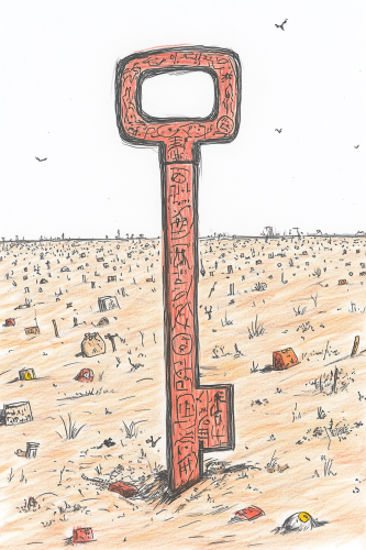 Sketch of giant, ancient key in desert with symbols.