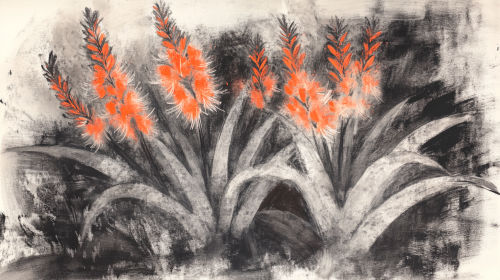 Sketch of lovely garden with aloe plants in sunset.