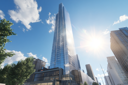 Skyscraper Reflecting Sunlight Among Tall City Buildings