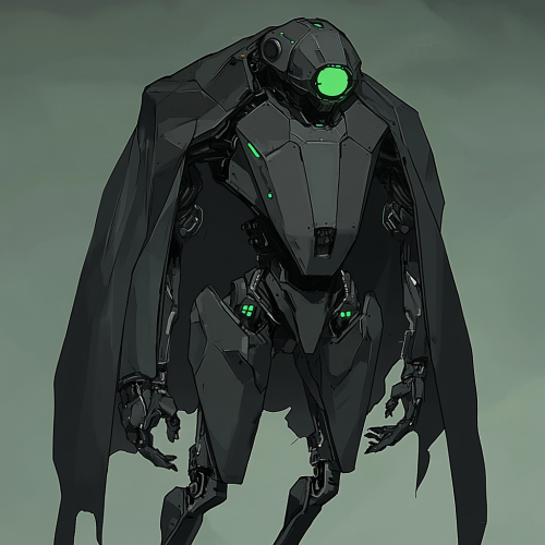 Sleek, 15ft tall mech in black cloak with hexagons.