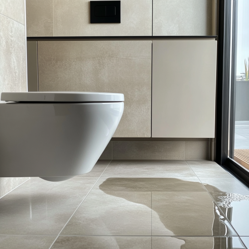 Sleek bathroom with minor water leak, creating small puddle.