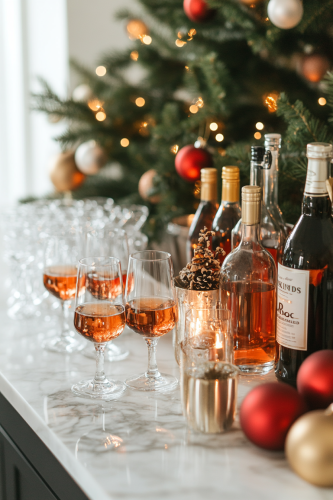 Sleek modern Christmas-themed bar with minimalist decorations