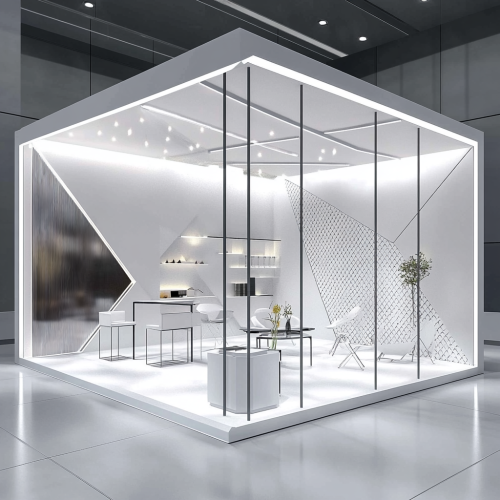Sleek modern trade show booth featuring white tents