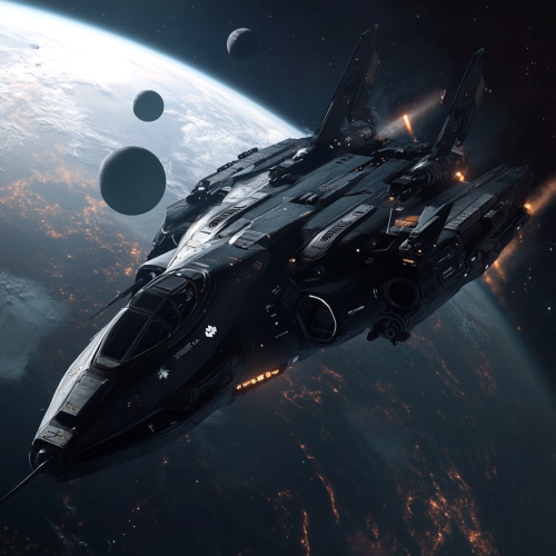 Sleek space gunship with black cloud decals in orbit. Sleek space gunship with black cloud decals in orbit.