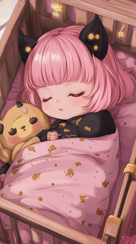 Sleeping Baby Anya in chibi style with Chimera doll. Sleeping Baby Anya in chibi style with Chimera doll.