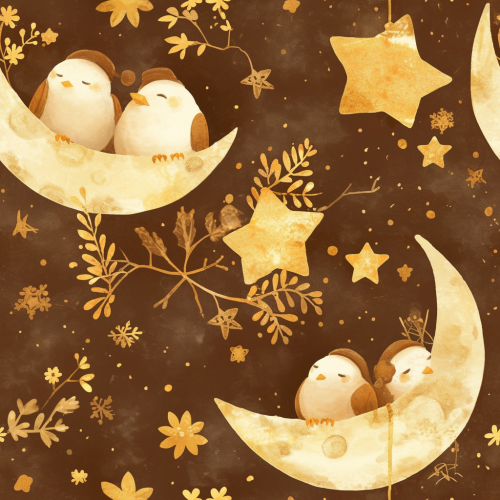 Sleeping Bird on moon surrounded by stars and snow