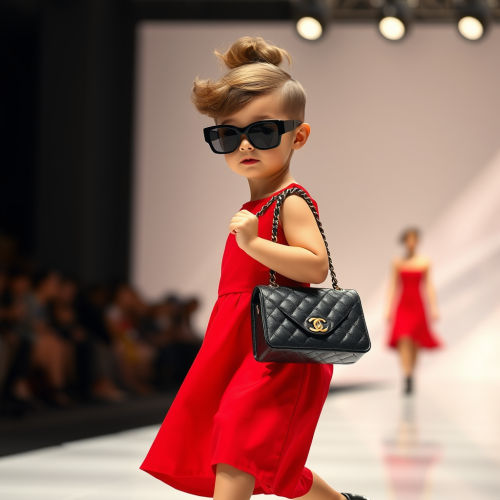 Slim baby walks runway in red Chanel outfit.