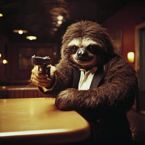 Sloth dressed as Jules from Pulp Fiction movie scene. Sloth dressed as Jules from Pulp Fiction movie scene.