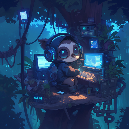 Sloth in hoodie and headphones hacking in treehouse.