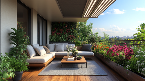 Small balcony design with wooden flooring, white walls, beige ceiling, outdoor sofa set, coffee table adorned with flowers, decorative plants, striped awning, stunning views, modern home decor. Small balcony design with wooden flooring, white walls, beige ceiling, outdoor sofa set, coffee table adorned with flowers, decorative plants, striped awning, stunning views, modern home decor.