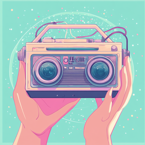 Small gem badge in boombox format, disco fantasy background.