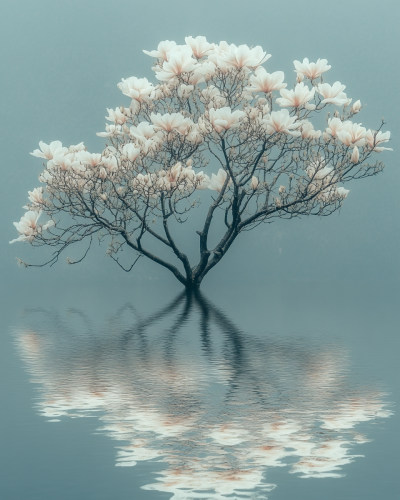 Small tree with white flowers in calm water reflection.