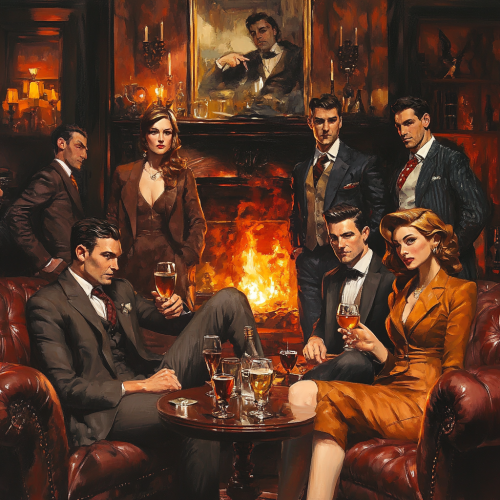 Smartly dressed men and women in cozy bar.