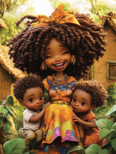 Smiling African woman with large hair plays with kids. Smiling African woman with large hair plays with kids.
