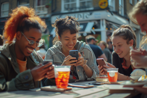 Smiling Friends at Sunny Pub Garden with Phones