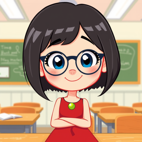 Smiling Girl in Red Dress in Cartoonish Classroom